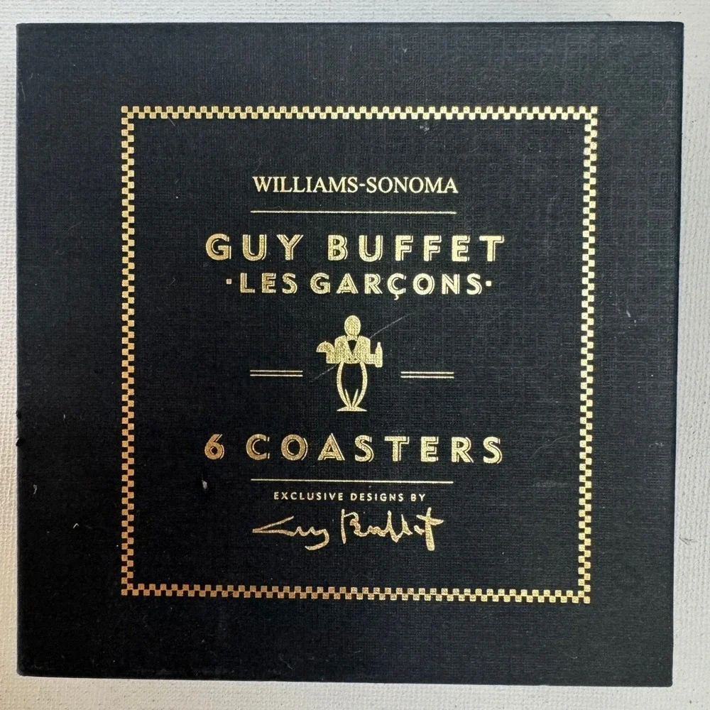 Williams-Sonoma Guy Buffet Les Garcons Coasters Set of 6‎ Cork Backed Red Waiter